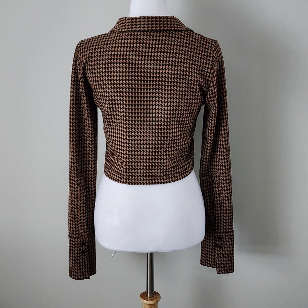 Zara Houndstooth Crop Top Womens Small Brown Black Collared Academia Preppy - Picture 4 of 12